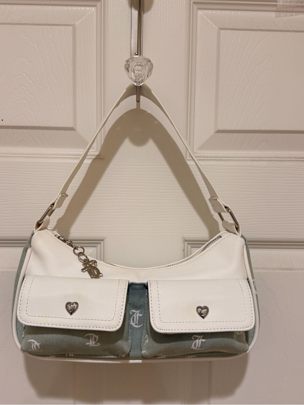 White and Sage Logo Accent Shoulder Bag with Heart-Stud Flaps